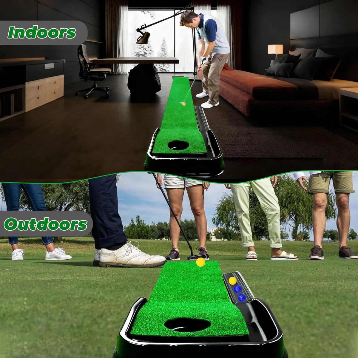 Tapis de golf avec retour automatique de balle, tapis d'entraînement vert de 220 cm avec surface en velours lisse – Aide à l'entraînement portable pour la maison et le bureau, tapis d'entraînement