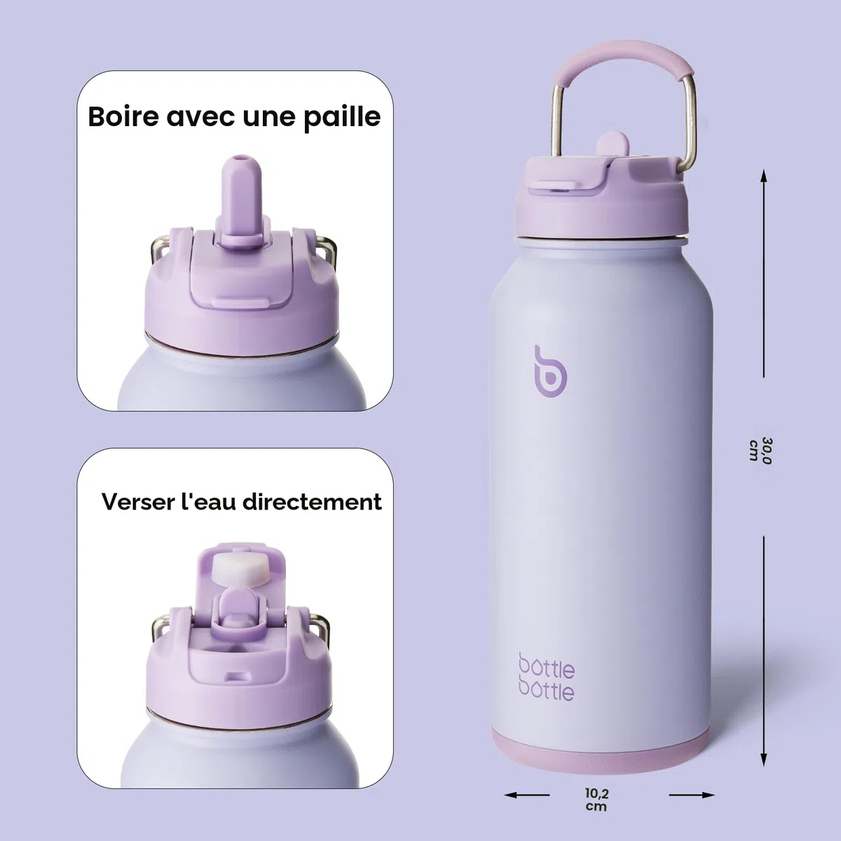 BOTTLE BOTTLE Gourde isotherme avec pilulier Bouteille isotherme de 900 ml Gourde sport en acier inoxydable pour l'extérieur, la randonnée (violet clair)