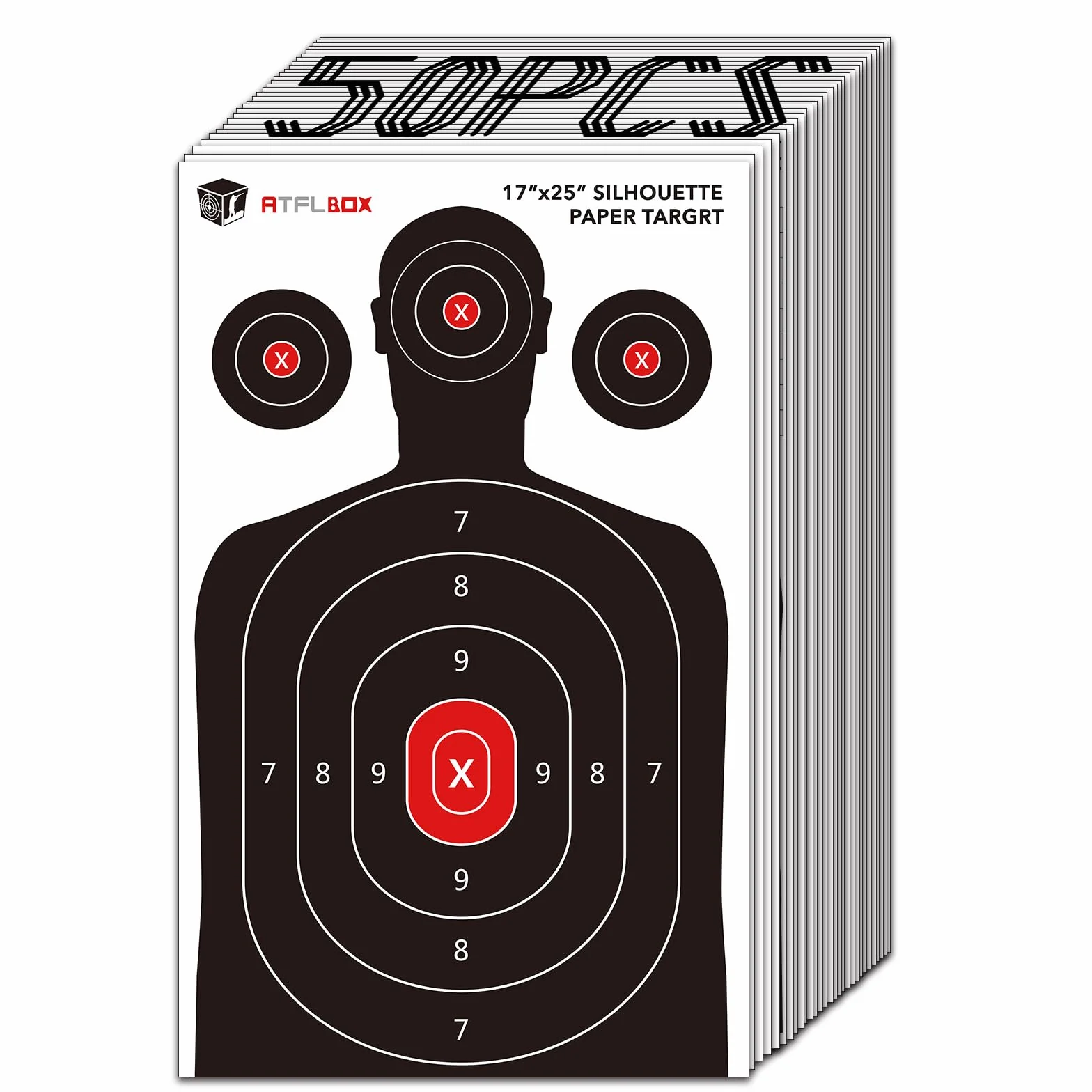 ATFLBOX 50 pièces Cible en papier à silhouette humaine pour le champ de tir, 43 x 63.5 CM Cible papier pour armes de poing, pistolets, fusils, pistolets à air comprimé, pistolets à plomb, pistolets BB