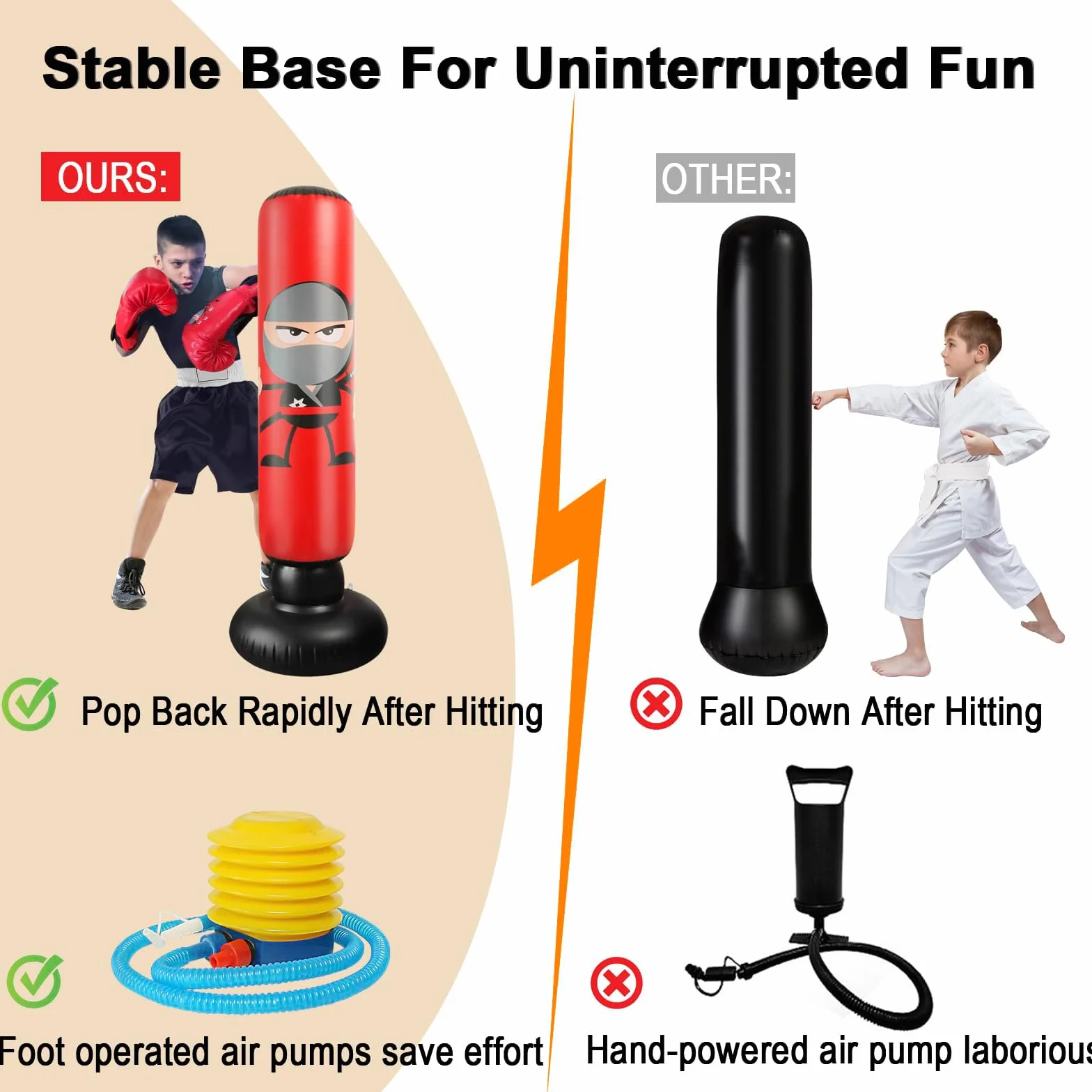 Punching Ball Enfants Sac de Boxe Gonflable Enfant 160cm avec Pompe à air Sac de Frappe Enfant sur Pied Sac de Frappe sur Pied pour Boxe, Kickboxing, Karaté et Soulagement du Stress.