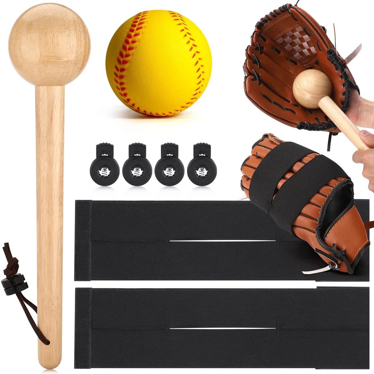 TOBWOLF Lot de 10 gants de baseball à casser, gants de baseball, maillet, moufles de baseball, marteau de baseball en bois, raquette de baseball/softball Fungo avec filet de rechange, cadre en fer