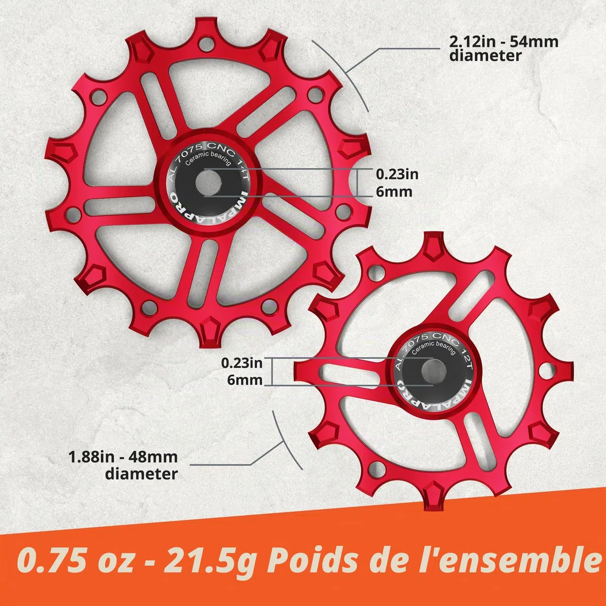 IMPALAPRO - Lot de 2 Galets de Dérailleur Céramique 12T-14T en Aluminium CNC 7075 pour 9-12V