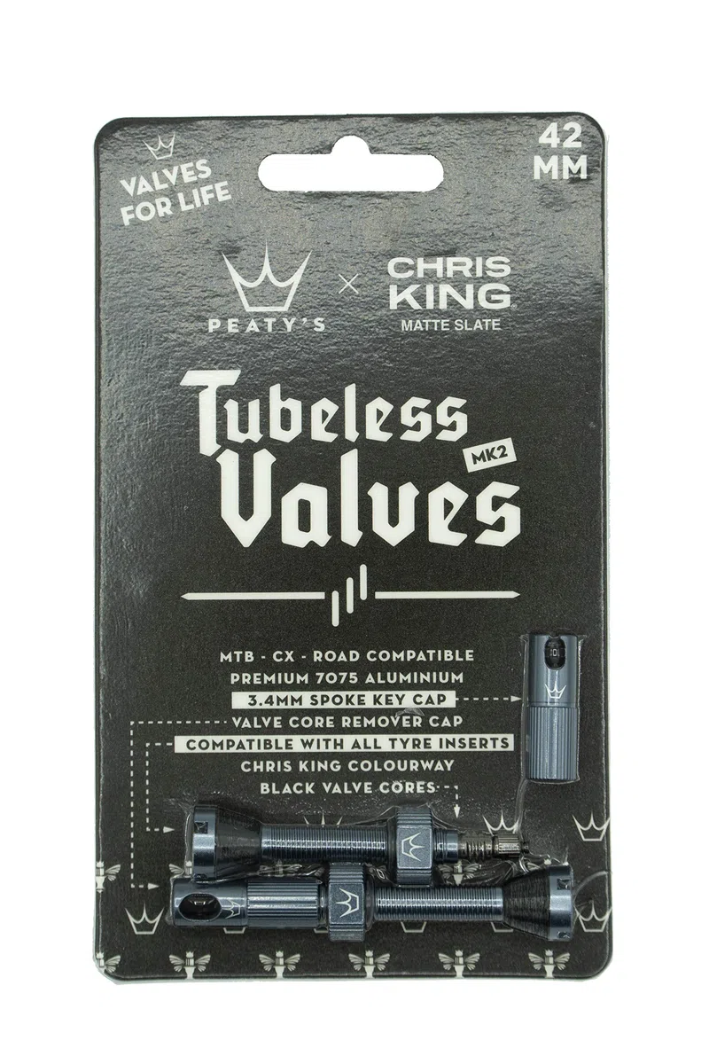 Peaty's x Chris King MK2 Valve Tubeless Presta - Clé à Rayons Intégrée, Bouchon de Retrait du Noyau de Valve, Aluminium 7075, Compatible avec Insert, Accessoire Velo pour Pneu de Vélo - Gris 42 mm
