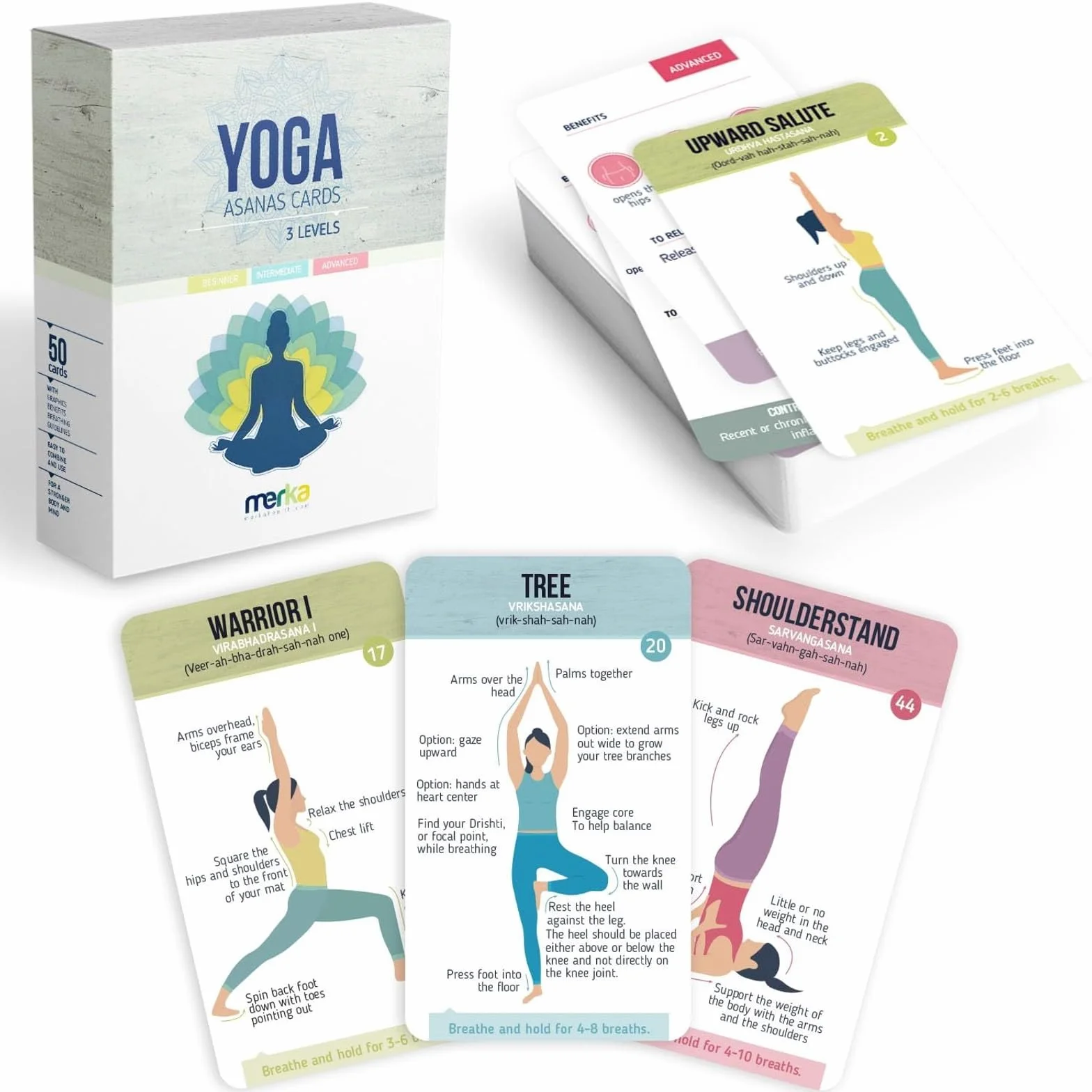 Merka Yoga Pose Flashcard Deck – 50 cartes flash en plastique – 45 asanas, 4 séquences, noms sanskrit – Équipement de fitness portable