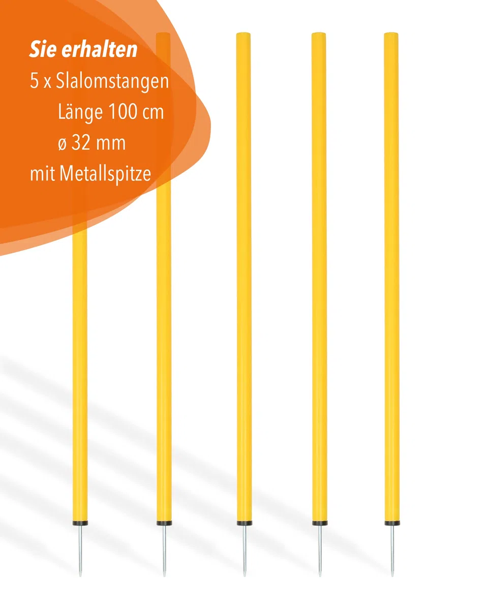 Barres de slalom 100 cm, ø 32 mm - Lot de 5 - Barres d'entraînement avec pointe en métal - pour entraînement d'agilité et de coordination - pour football et sport canin (Jaune)