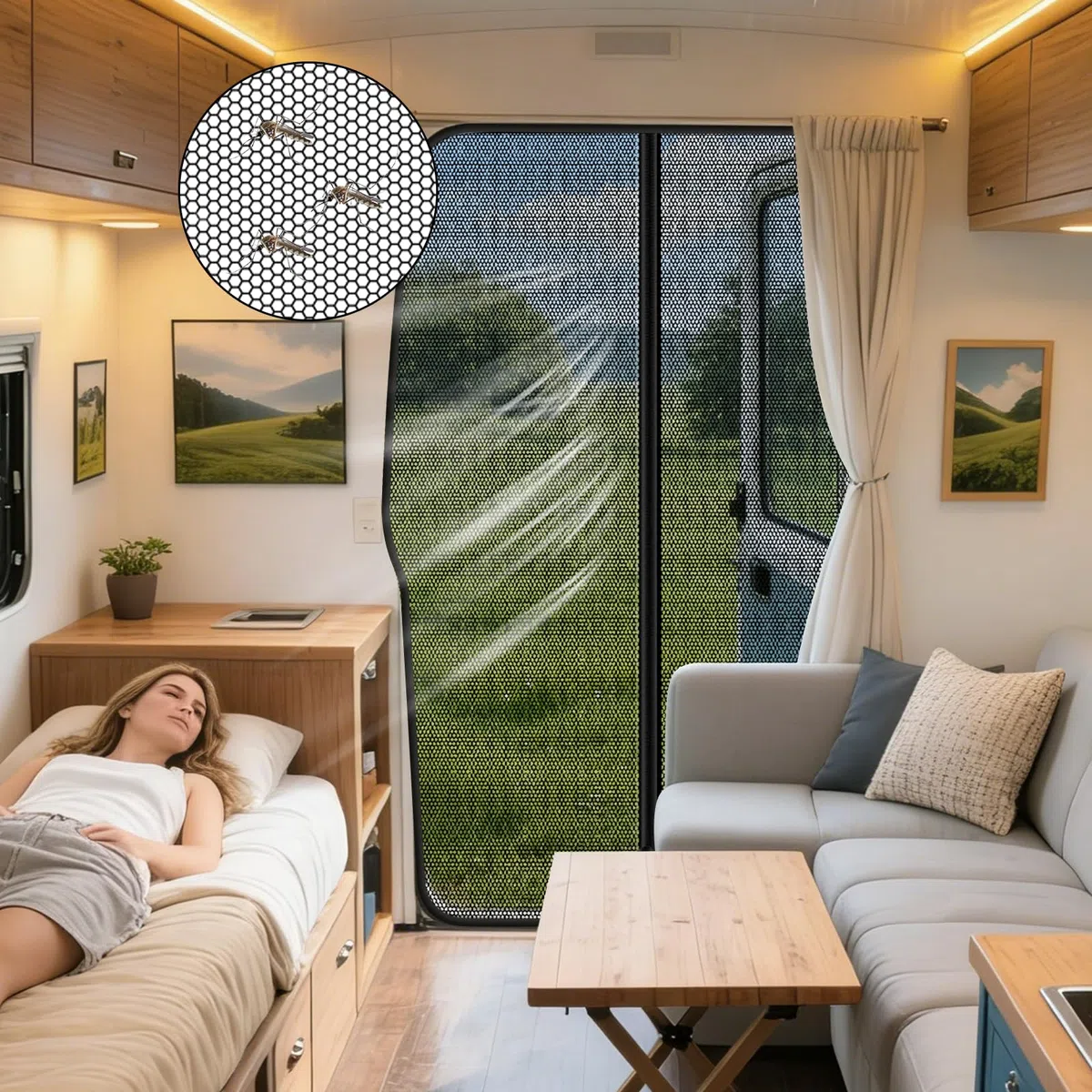 Moustiquaire pour Porte Arrière de Voiture Compatible avec VW T5 T6, Fermeture éclair Magnétique Pare Soleil, Rideau de Séparation Amovible, Anti-Insectes Protection Solaire Voyage Camping
