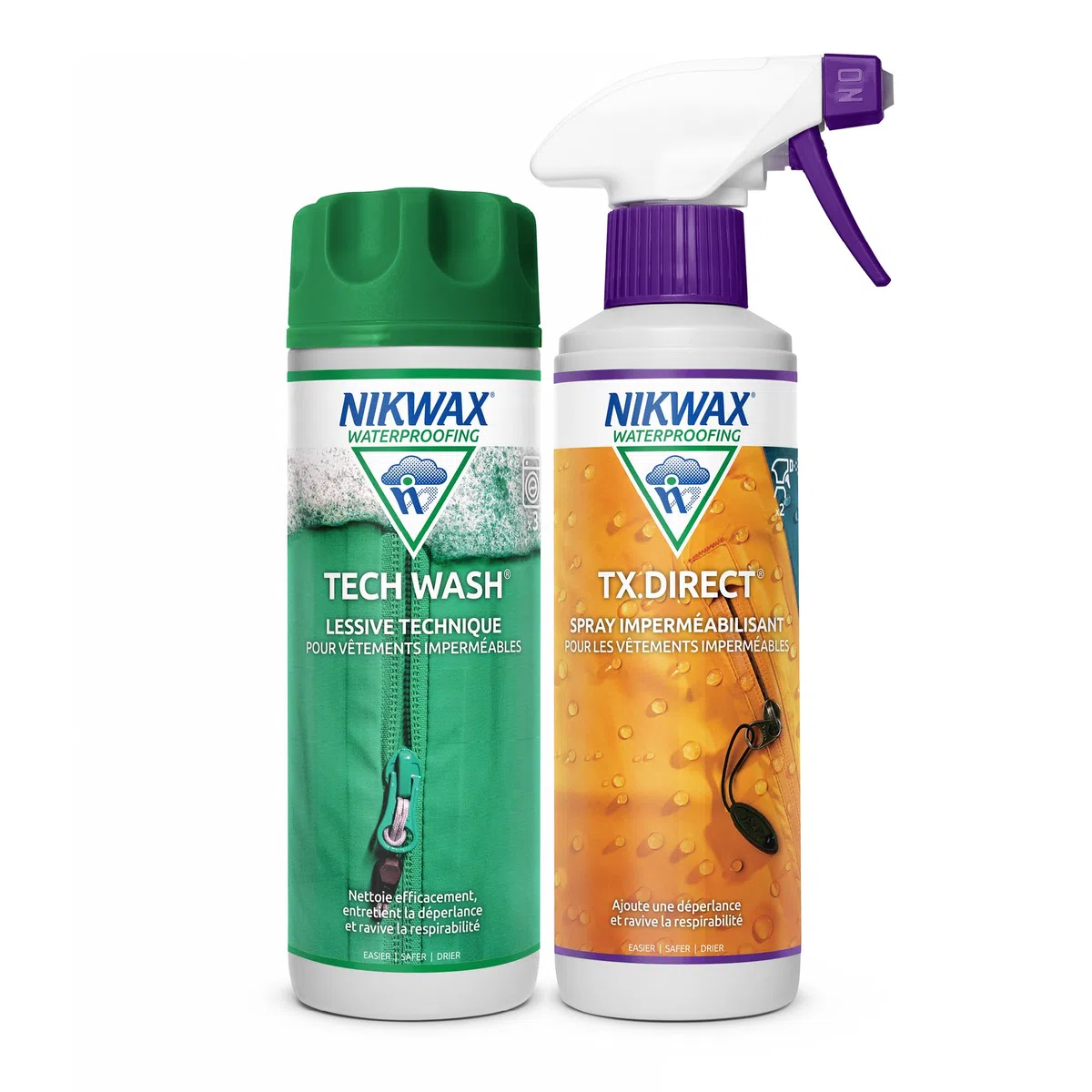 Nikwax Lessive Tech Wash 300ml + Imperméabilisant Spray TX.Direct 300ml, nettoie efficacement, restaure la déperlance et la respirabilité des vêtements de Pluie