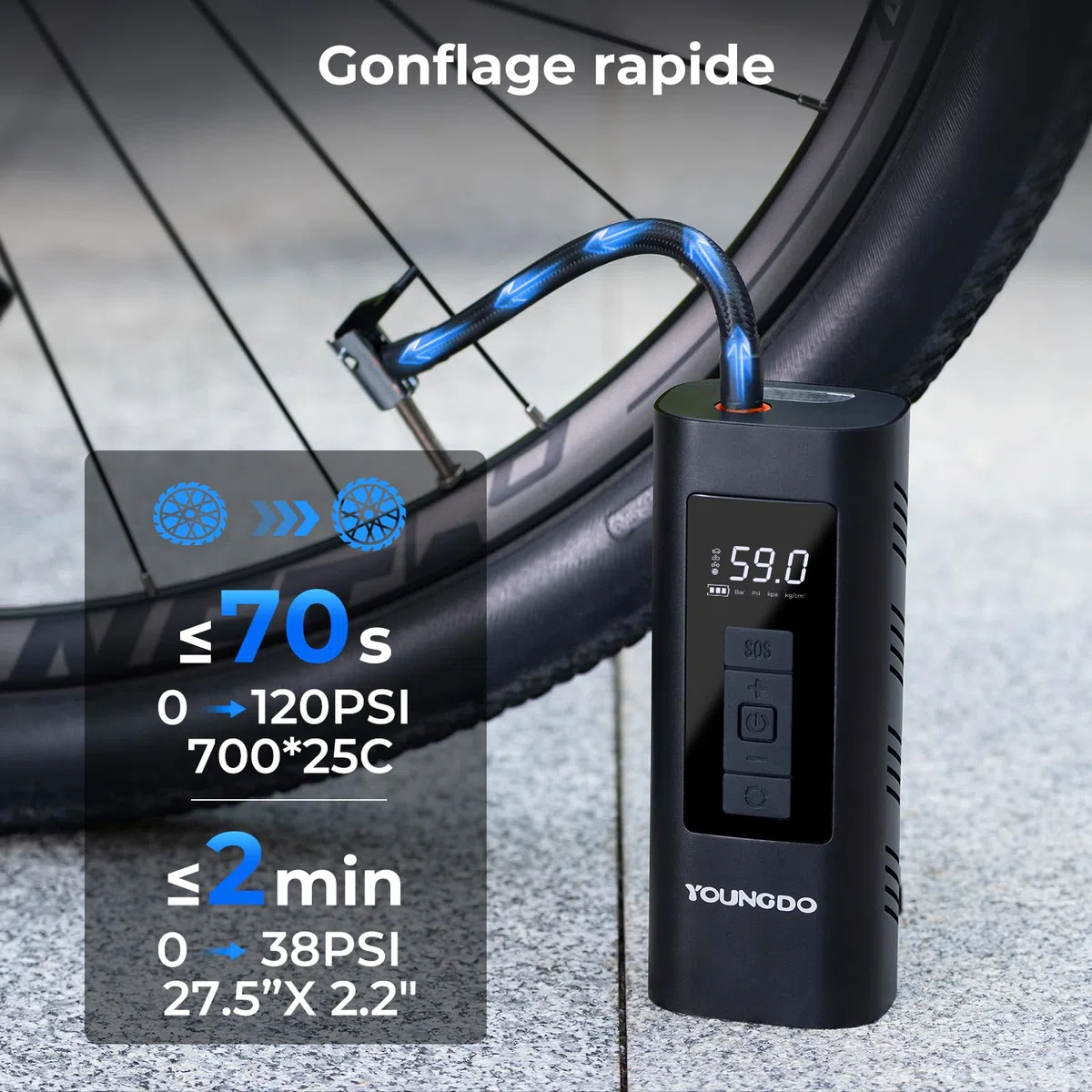 Pompe à Vélo Électrique 150PSI, YOUNGDO Compresseur à Air Portatif 6000mAh, Gonfleur Velo Portable, avec Lamp LED, pour Vélo, Moto, Balle