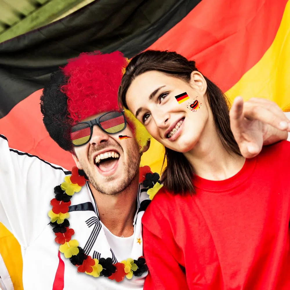 7 Pièces Kit Supporter Allemagne, SGZIOO Wm Fanpaket Allemagne, Collier de Fleurs Kit, perruque, lunettes de soleil, sifflet