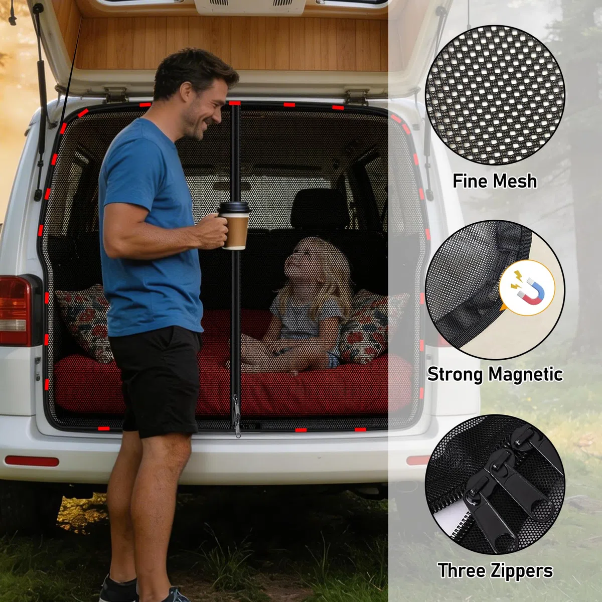 Moustiquaire pour Porte Arrière de Voiture Compatible avec VW T5 T6, Fermeture éclair Magnétique Pare Soleil, Rideau de Séparation Amovible, Anti-Insectes Protection Solaire Voyage Camping