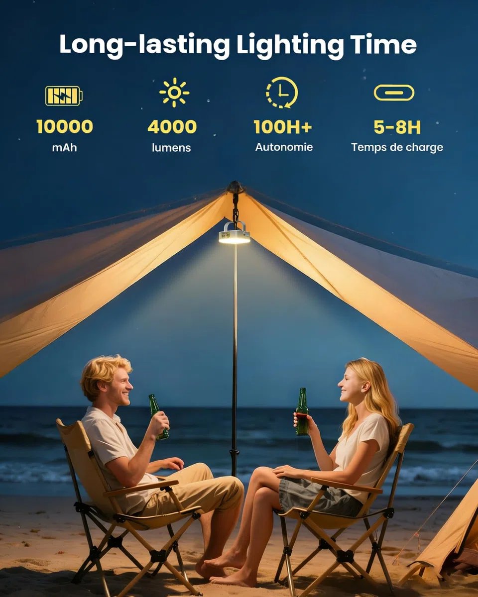 Eventek Lampe de Camping Solaire 4000LM, 10000mAh LED Outdoor Camping Light Jusqu'à 100+ Heures & 4 Modes, Détanche Portable Rechargeable lanterne camping Etanche IP65 Pour Tente, Urgence Panne