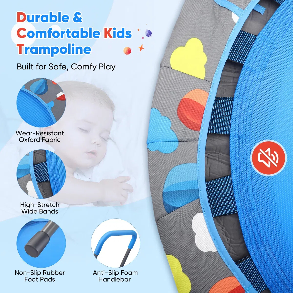Trampoline de fitness pliable pour enfant - Charge maximale : 150 kg - Silencieux - Avec panier attrape-balles avec housse de sécurité - Trampoline pour enfants