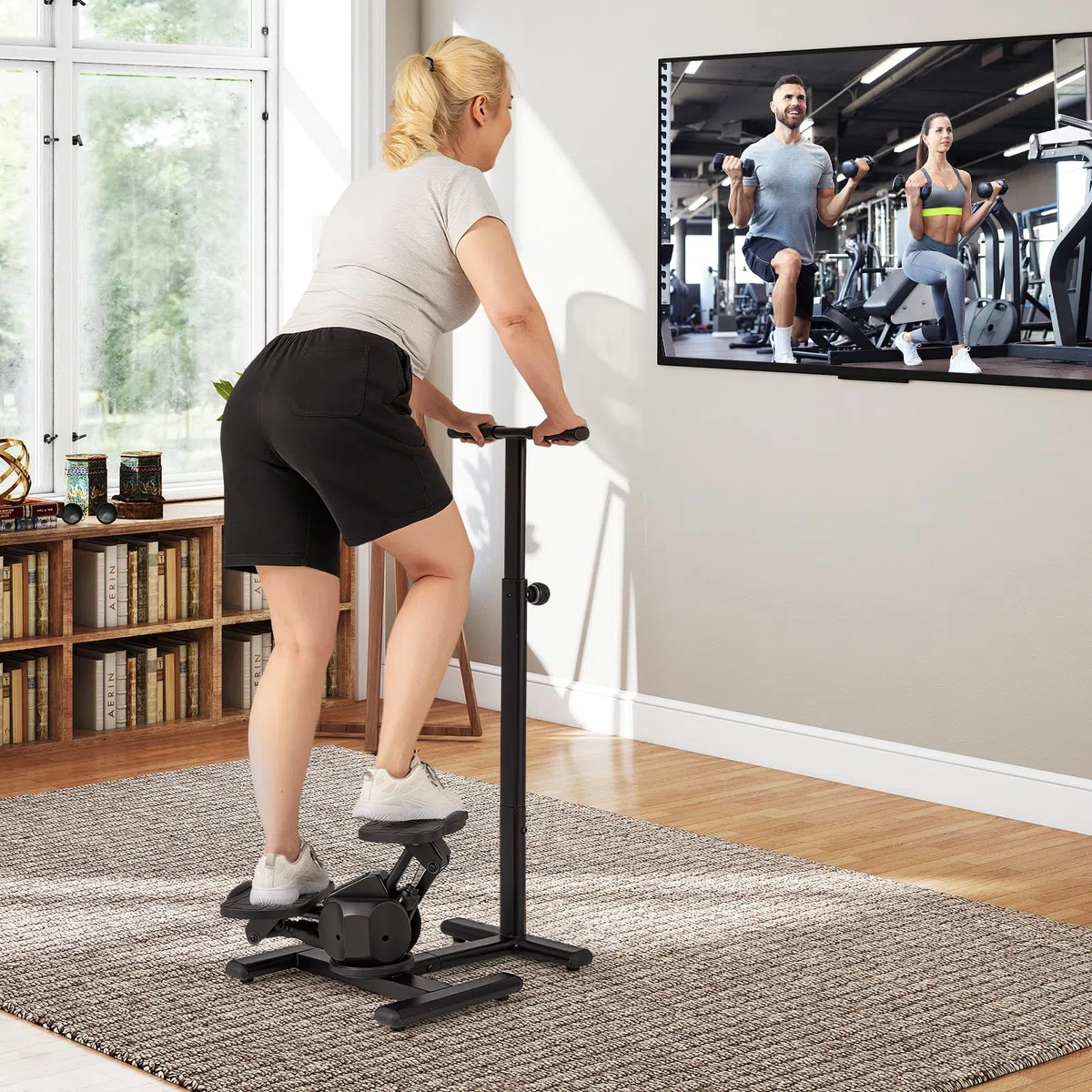 KOMFOTTEU Step Fitness CASA avec Guidon réglable en Hauteur, Entraîneur pour l'Entraînement Physique et Exercice, Pédales antidérapantes, Écran LCD, Appareil de Fitness pour Maison & Bureau, Noir