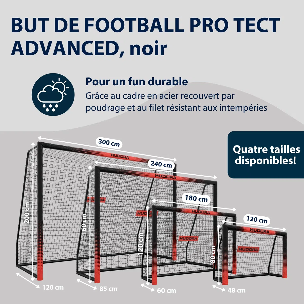 HUDORA But de Football Pro Tect Advanced – But avec Filet et enveloppe Tous Temps pour Enfants/Adultes – Montage Simple au Jardin – Cage de But avec Fermetures éclair et Bandes Velcro
