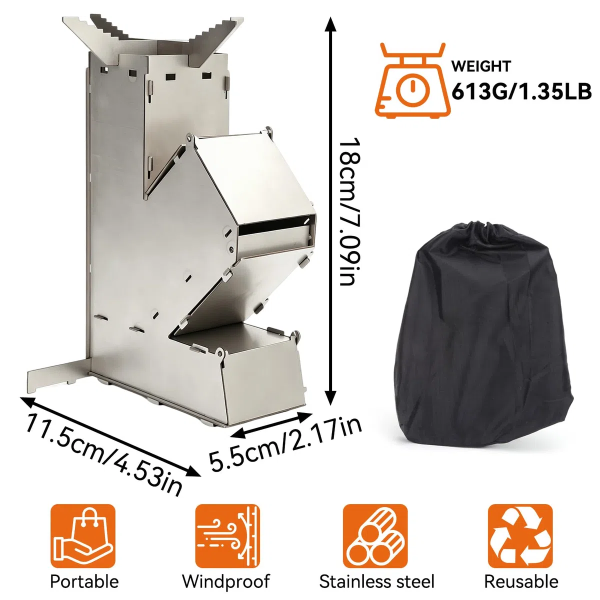 Camping Rocket Stove, poêles de camping portables Griller de brûlure en bois en acier inoxydable avec sac de rangement pour la randonnée de cuisson en plein air