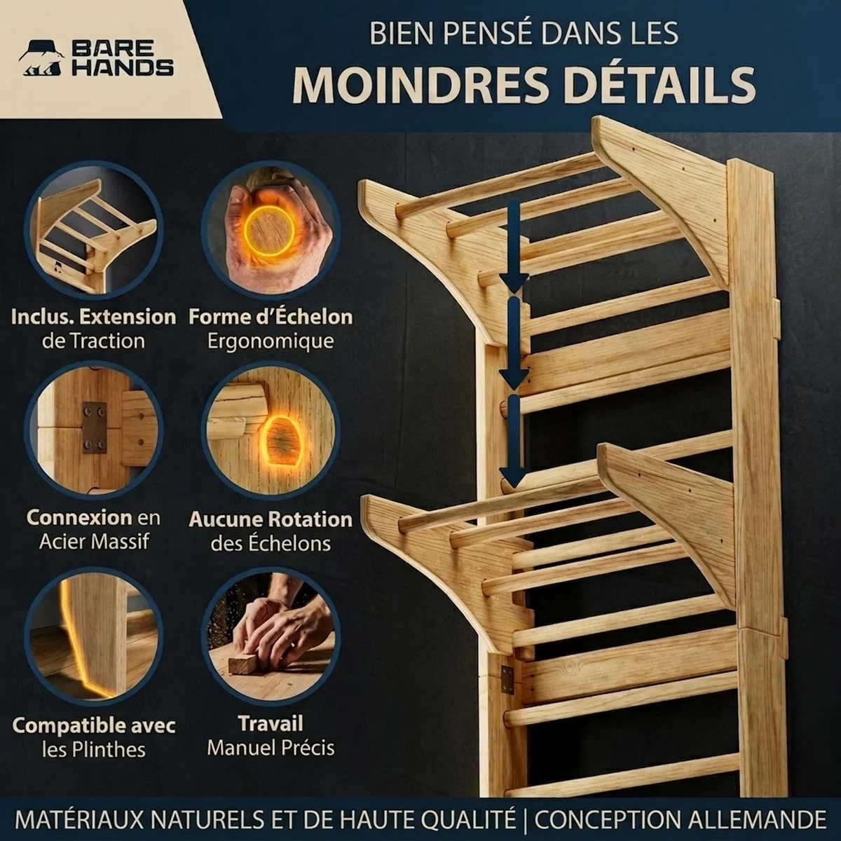 Bare Hands Espalier en Bois pour Adulte et Enfant – Échelle Suédoise Ultra Robuste Jusqu’à 200 kg – Espalier Gym & Musculation pour la Maison – avec ou sans Barre de Traction et Barres à Dips