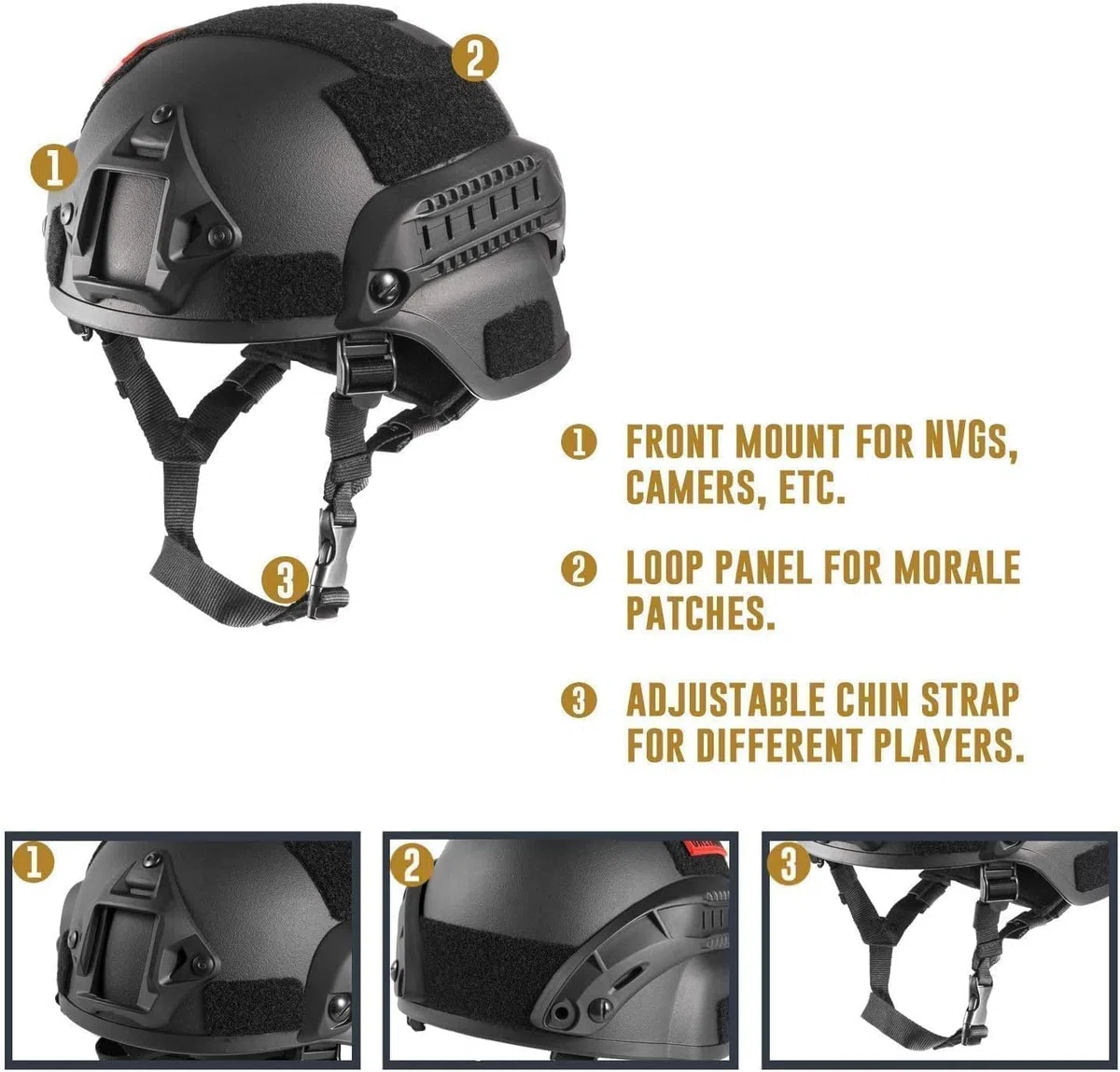 Casque Airsoft Mich 2000 ACH tactique avec protection auditive, support NVG avant et rail latéral pour paintball, sports de plein air, chasse, tir
