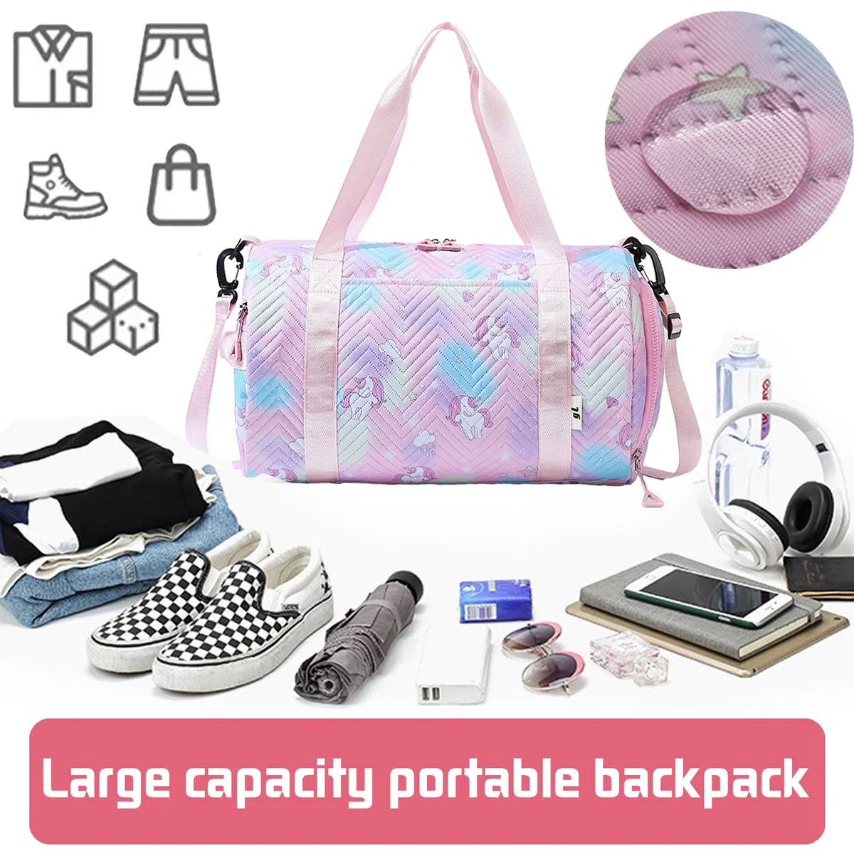 YOUYIKE Sac de Sport Fille, 25L Imperméable Sac de Voyage, Licorne Sac Weekend Enfant, Sac Voyage Cabine Avion, Travel Bag pour Gym Sport avec Compartiment à Chaussures et Poche Humide, Rose