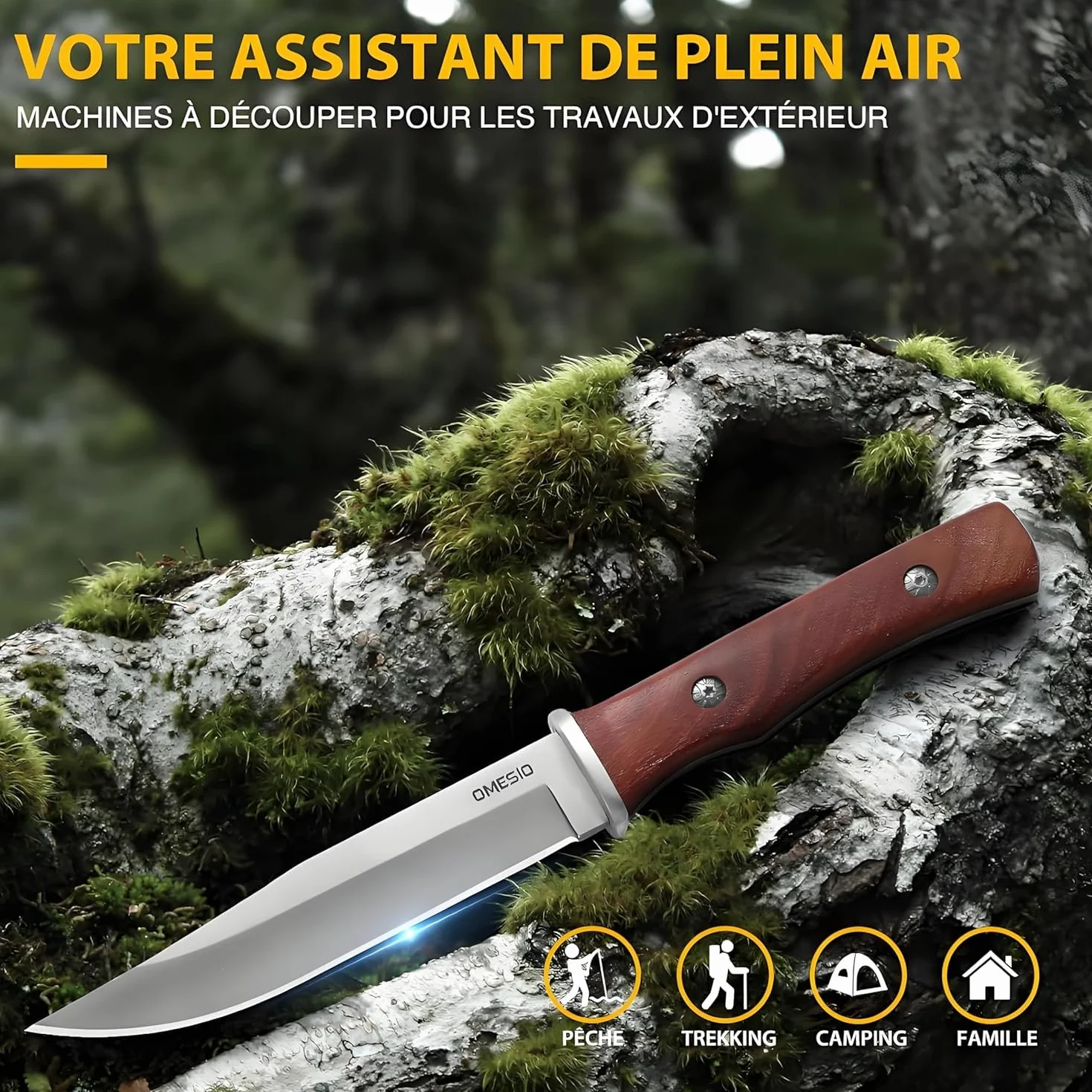 Omesio Couteau Survival Tranchant | Manche en Bois Robuste, Étui en Cuir – Idéal pour Camping Bushcraft, Couteau d’extérieur à lame fixe
