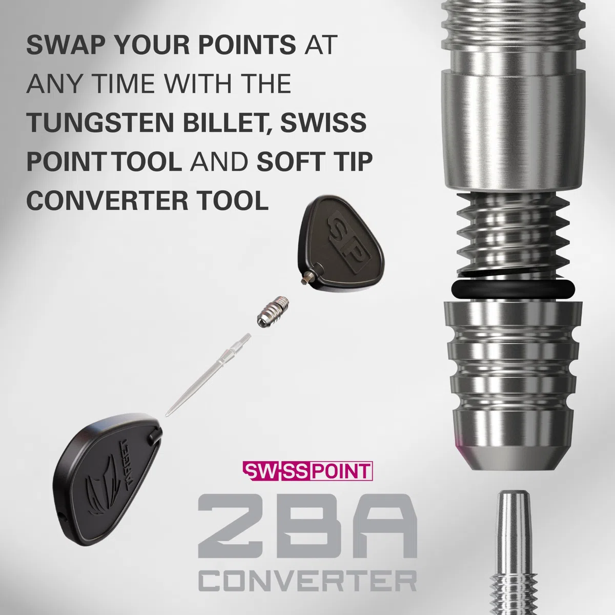 Target Darts Soft Tip zu Swiss Point Dart Konvertierungsset, Schwarz/Silber - Soft Tip Dartspitzen Konvertierungswerkzeug, Repointing Soft Tip zu Stahlspitzen 2BA Gewinde - Tungsten Billet Spitzen
