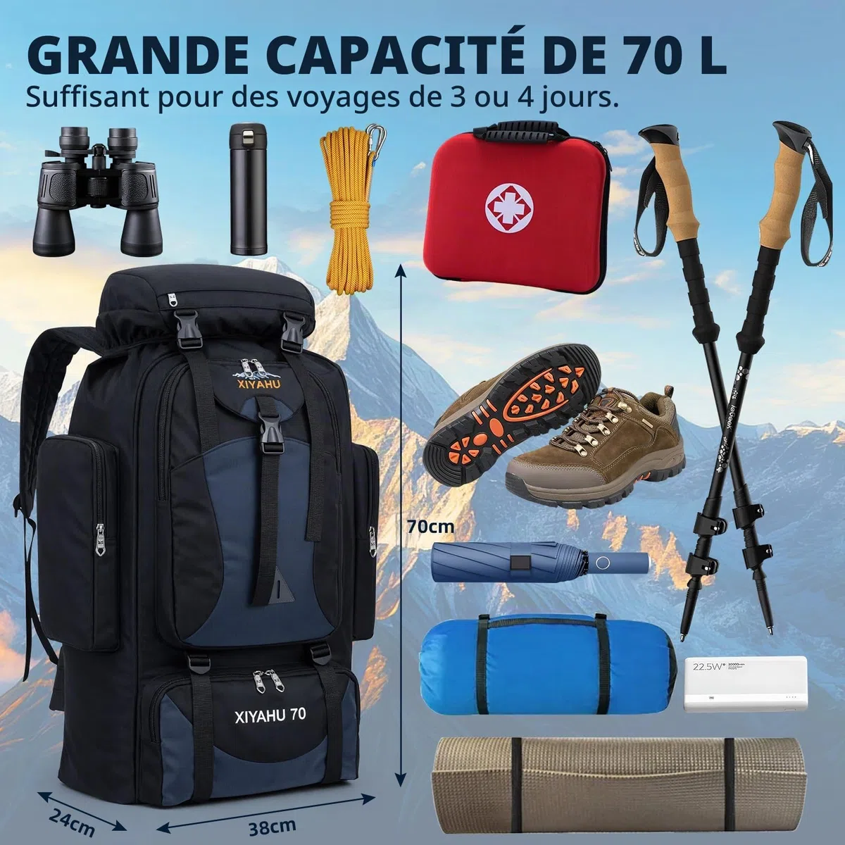 Sac à Dos de Randonnée Camping 70L Imperméable Ultraléger Grand Sac à Dos Trekking Homme Femme Sac Tactique Voyage Multifonction pour Voyage Alpinisme Escalade et Sports de Plein Air