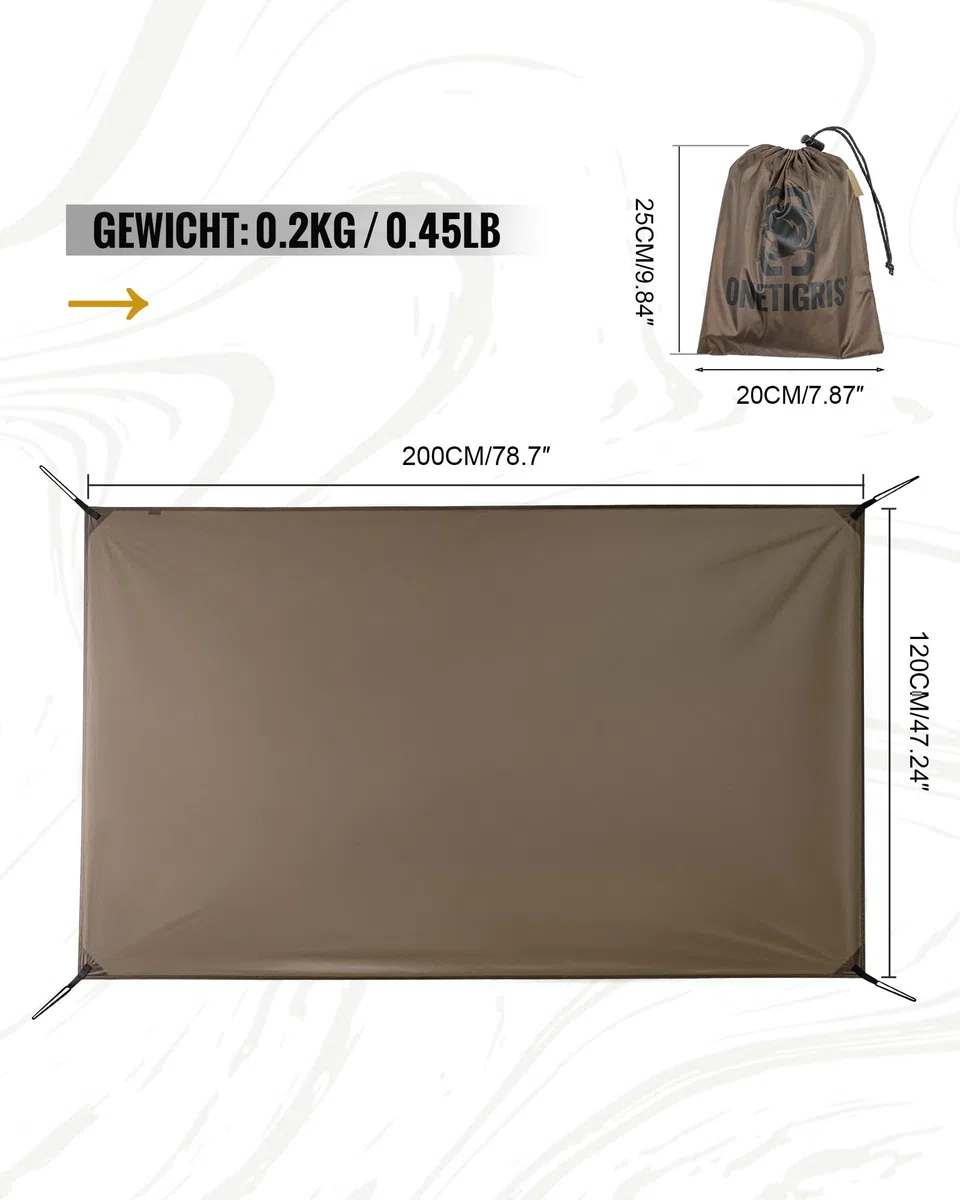 OneTigris Bâche de sol pour tente multi-usages imperméable 2000 mm avec sac de transport pour camping, randonnée et pique-nique 200 x 120 cm