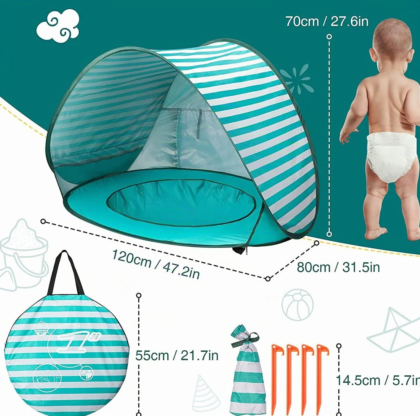 Tente de plage pour bébé - Pop Up - Tente de plage pour bébé - Avec mini piscine - Portable - Pop Up - Protection UV - Pour les tout-petits - Pique-nique - Jardin - Vert