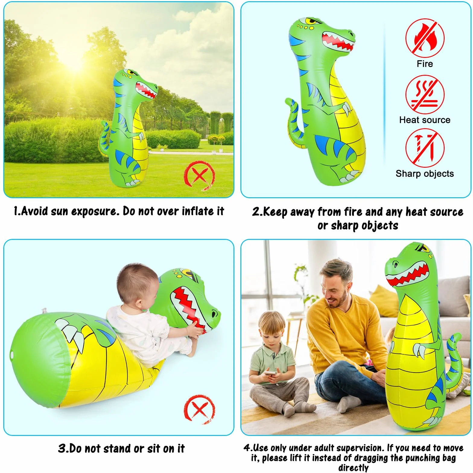 Sac de Frappe Enfant 120cm Gonflable Dinosaure Sac de Boxe avec Matériau Plus Épais et Sûr Rebond Instantané avec Gants de Boxe Karaté Taekwondo Cadeau pour Enfants 3-9 Ans Filles Garçons