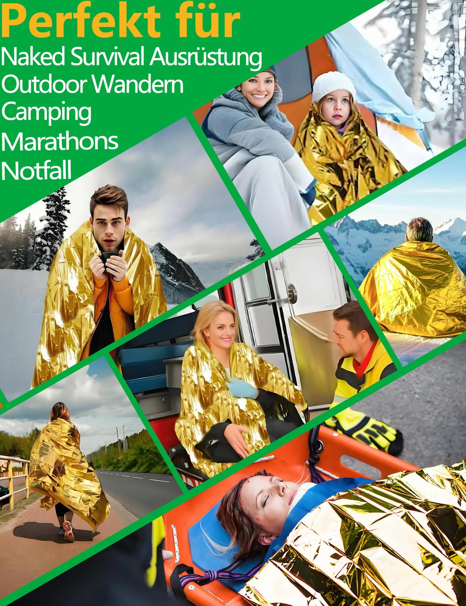 Couverture de Survie Reutilisable 4 Pièces, pour Randonnée Survie Premiers Secours Marathons Voiture, Robuste Indéchirable Imperméable - Or Argent