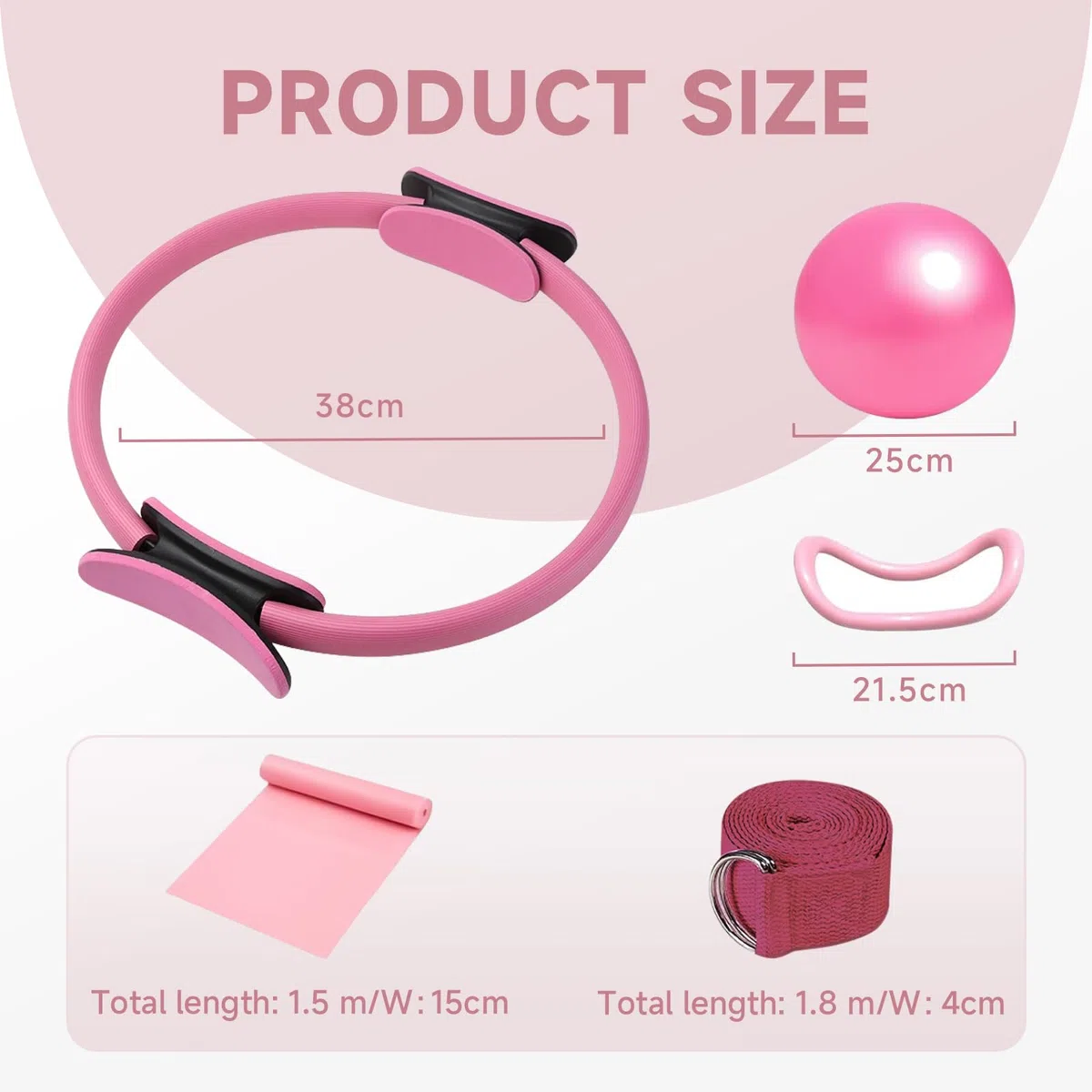 Cercle Pilates 38 cm, Kit Pilates Maison, Accessoires Anneau Yoga, Bande 1.5m, Ballon 25cm Bande d'Etirement, pour Force, Flexibilité, Stabilité, Débutants à Experts