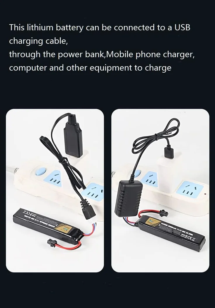 Batterie Airsoft 11.1V 3s 30C 1400mAh Batterie LiPo Rechargeable avec Prise en T vers connecteur de câble Mini Tamiya Chargeur USB pour Pistolets modèles Airsoft Batteries Gel Accessoires 2 PCS