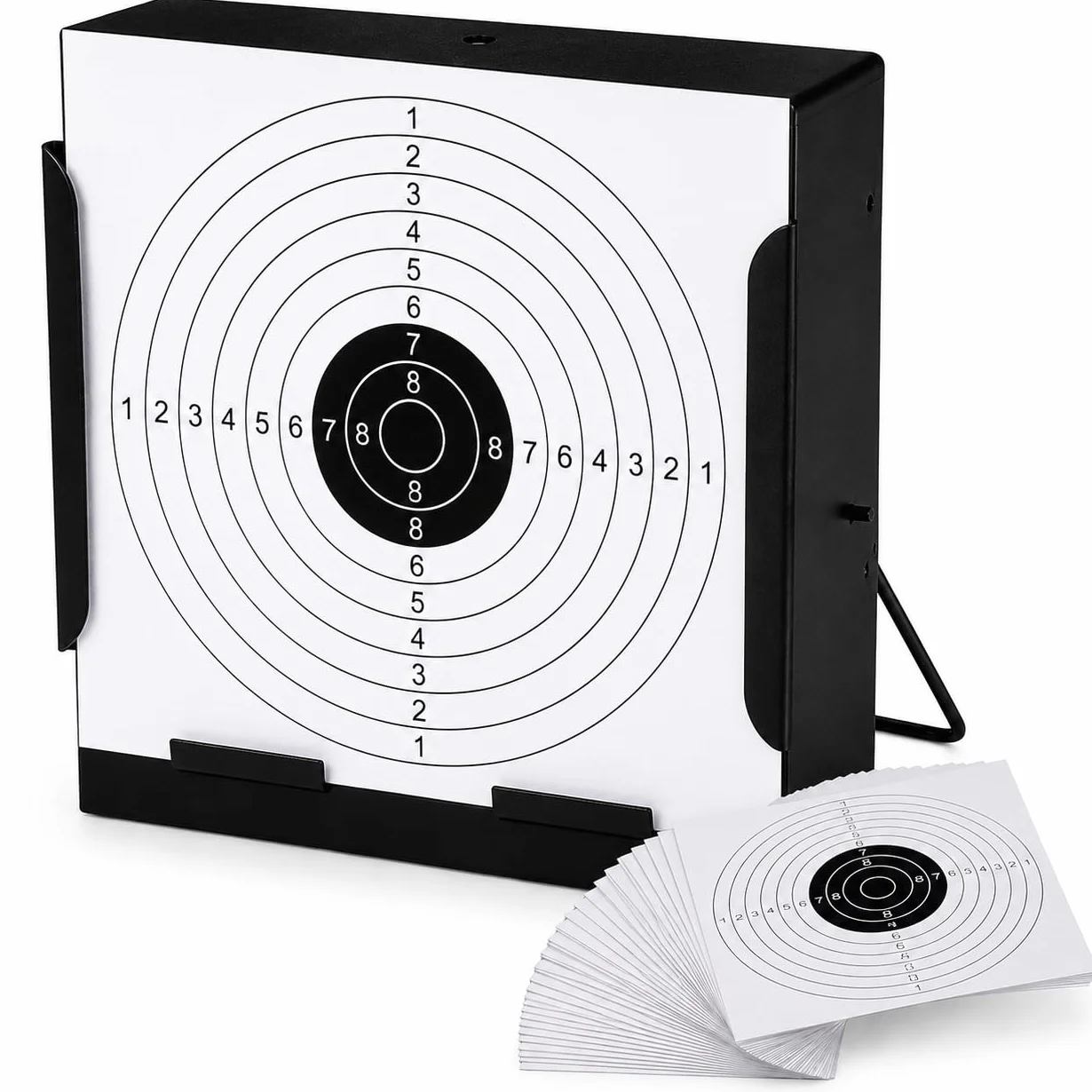 Support cibles - Tragabaline 14 x 14 cm avec 100 cibles offertes - Airsoft, Airgun, pellets, perdigon, matériau en acier, noir - pour accrocher ou sur surface
