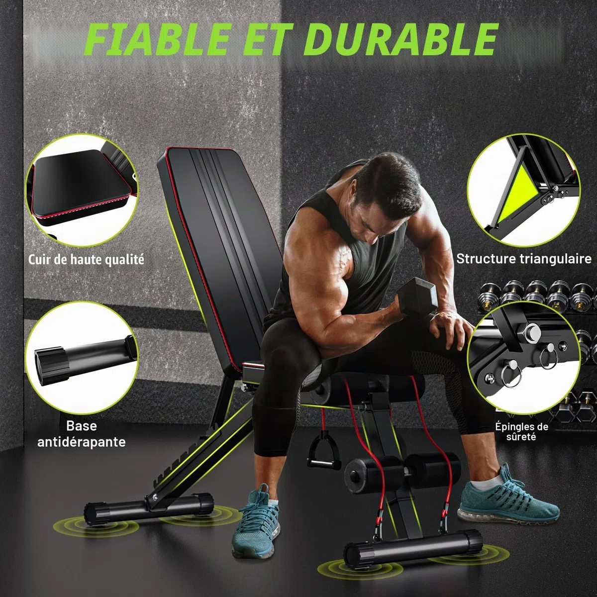 FitinOne banc de musculation pliable et réglable, banc multifonction incliné pour entraînement complet du corps, 6 en 1, pour la maison ou la salle de sport, capacité de 300 kg