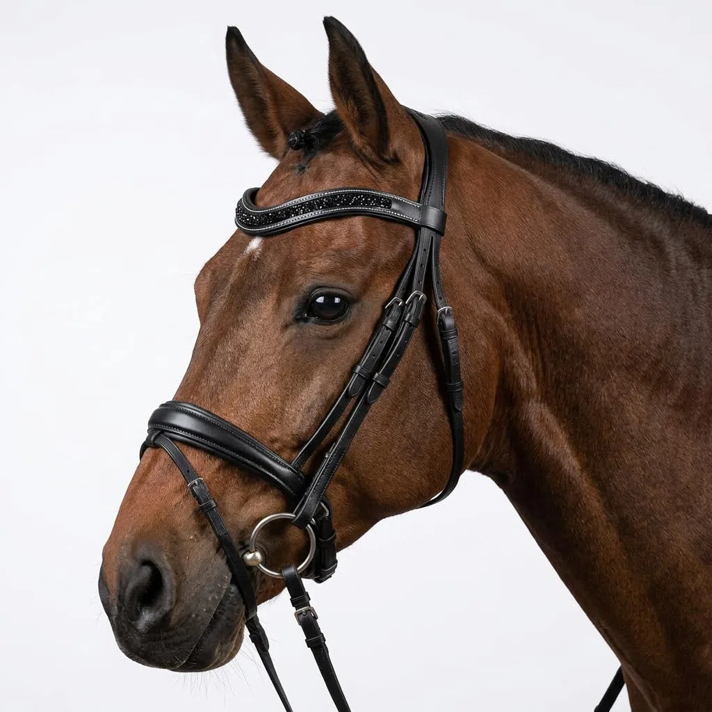 Pferdelinis Bandeau incurvé avec cristaux étincelants aspect argent – assure une apparence élégante et glamour pendant l'entraînement et le tournoi (noir et noir, poney)