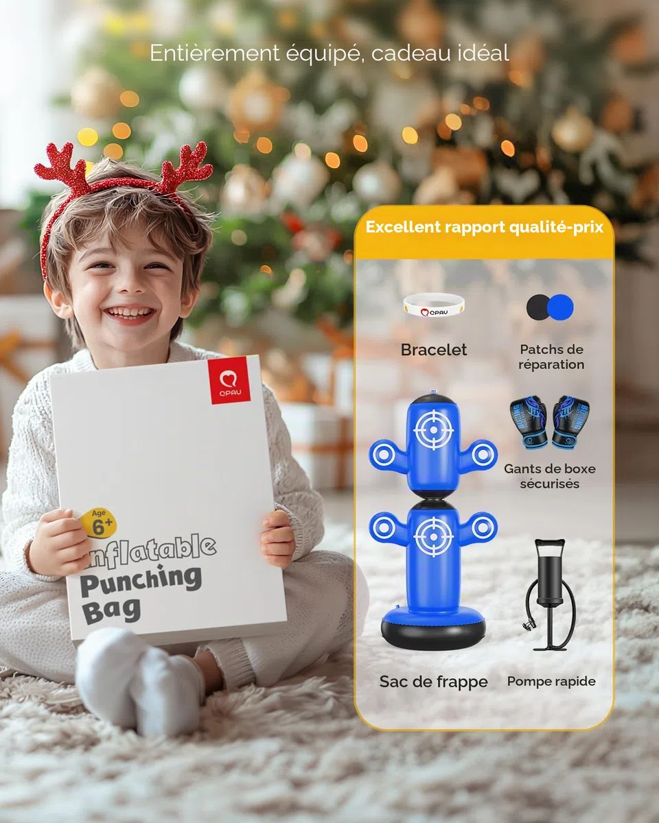 QPAU Sac de frappe rotatif à 360° pour enfants, grand sac de boxe de 162,6 cm avec gants, pompe à main et 6 cibles, sac de frappe gonflable, cadeau de karaté pour garçons et filles (bleu)