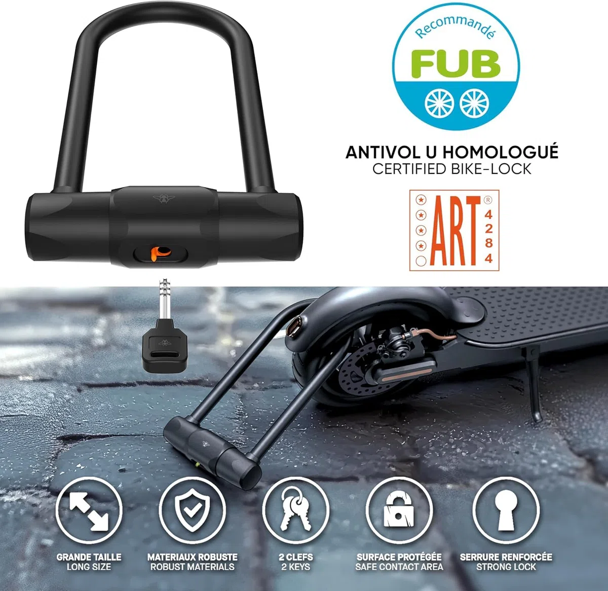 CASR Antivol U XL - Cadenas à Clé Certifié FUB 2 Roues - Acier Trempé Robuste Anti-Corrosion - Universel Vélo, Moto, Trottinette électrique - Protection Haute Sécurité