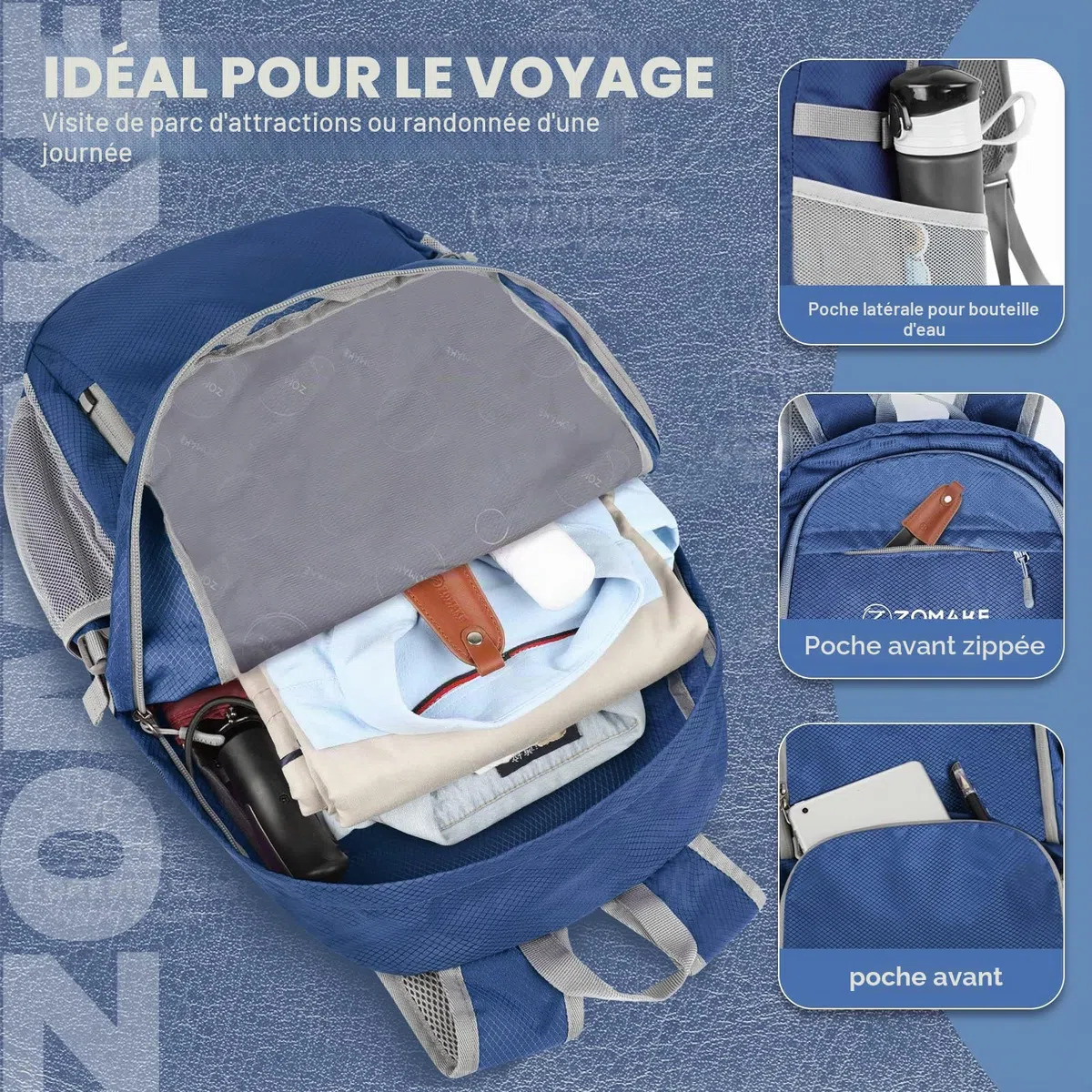 ZOMAKE Sac a Dos Pliable Ultra Léger Sac à Dos De Randonnée Petit Packable Daypack 30L,Pour Femme Homme Sports Et Plein Air(Bleu Marine)