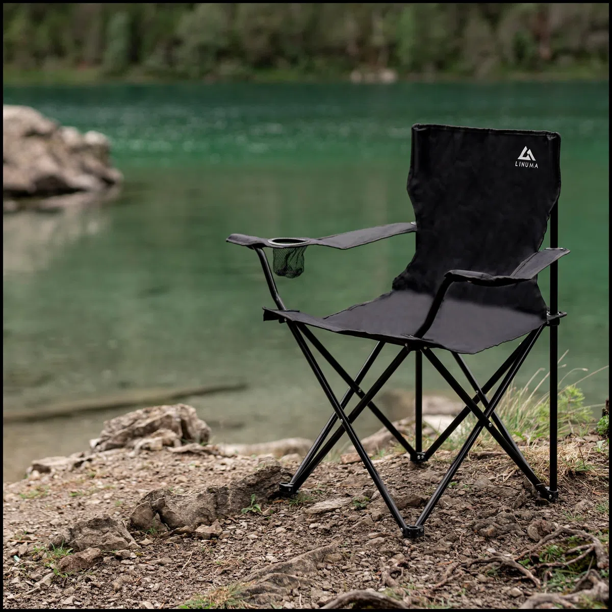 Chaise de Camping Noir – Pliante avec Porte-gobelet – idéale pour Festivals, pêche & Camping
