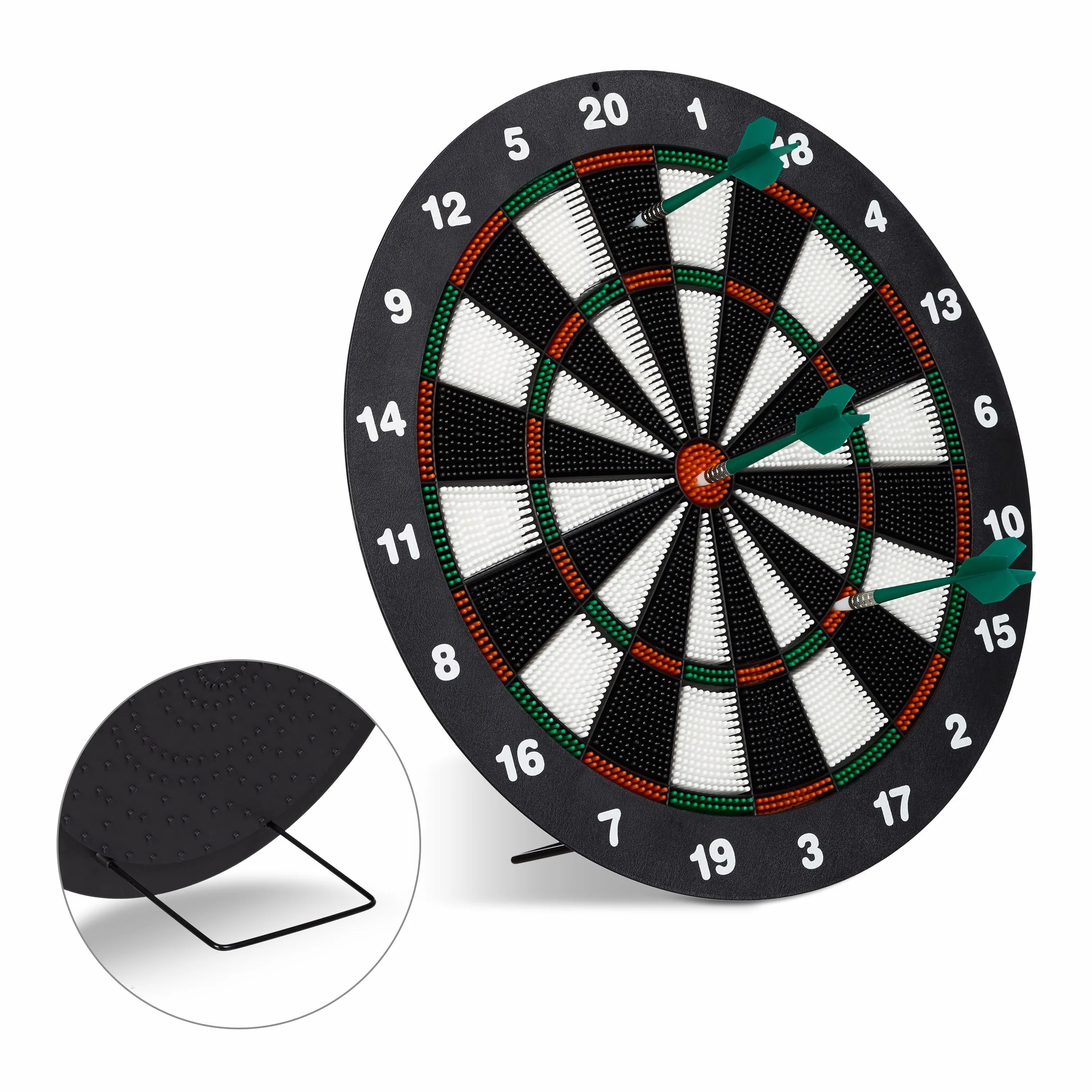 Relaxdays Cible de fléchettes 42 cm avec 6 flèches de sécurité pour Enfants, Support de sécurité, Noir/Blanc