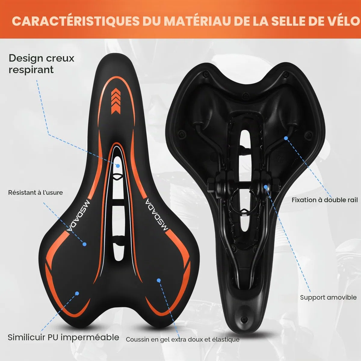 MSDADA Selle de Vélo, Selle Gel Ultra Confortable Ergonomique Imperméable Respirante Absorbant Les Chocs Creux Siège de Vélo pour Vélo VTT Vélo Route Vélo Ville Homme et Femme