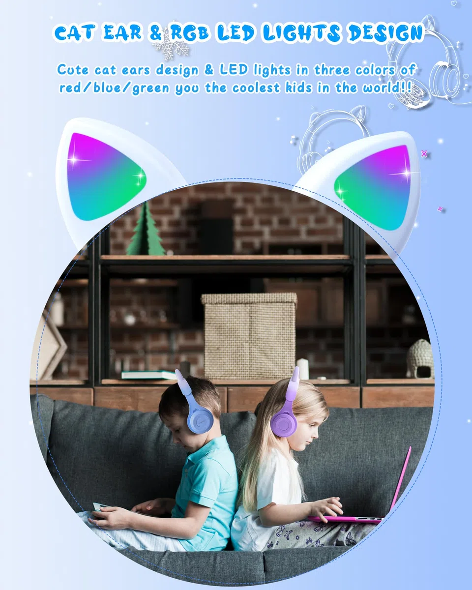 Joso Casque 2 en 1 pour enfants, casque filaire/sans fil avec microphone pour filles et garçons, casque pliable avec oreilles de chat avec volume limité pour enfants à partir de 5 ans (bleu)