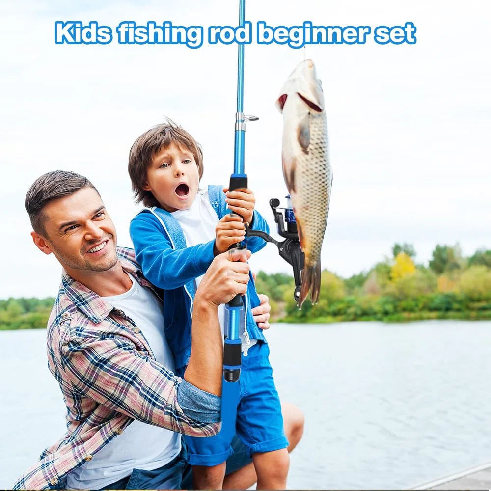 Kit de pêche de 1,8 m pour enfants, kit de démarrage de canne à pêche pour enfants avec moulinet, ensembles d'appâts, hameçons et sac de transport, moulinet en fibre de carbone, accessoires de