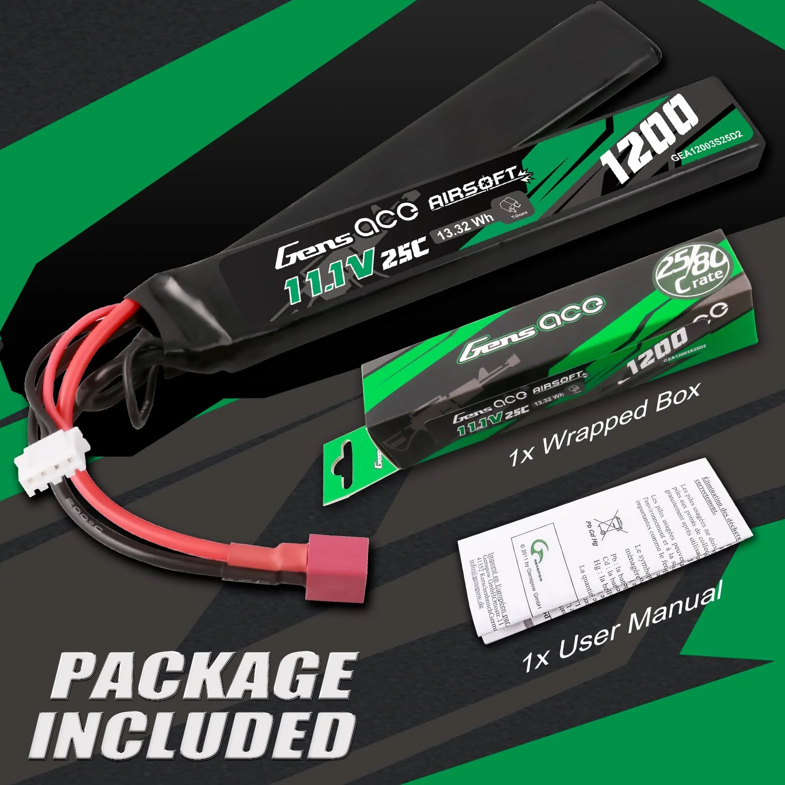 Gens ace 3s Batterie Lipo 11,1V 1200mAh 25C 3S1P 2X Nunchuck avec Connecteur T Deans, pour Répliques Airsoft AEG