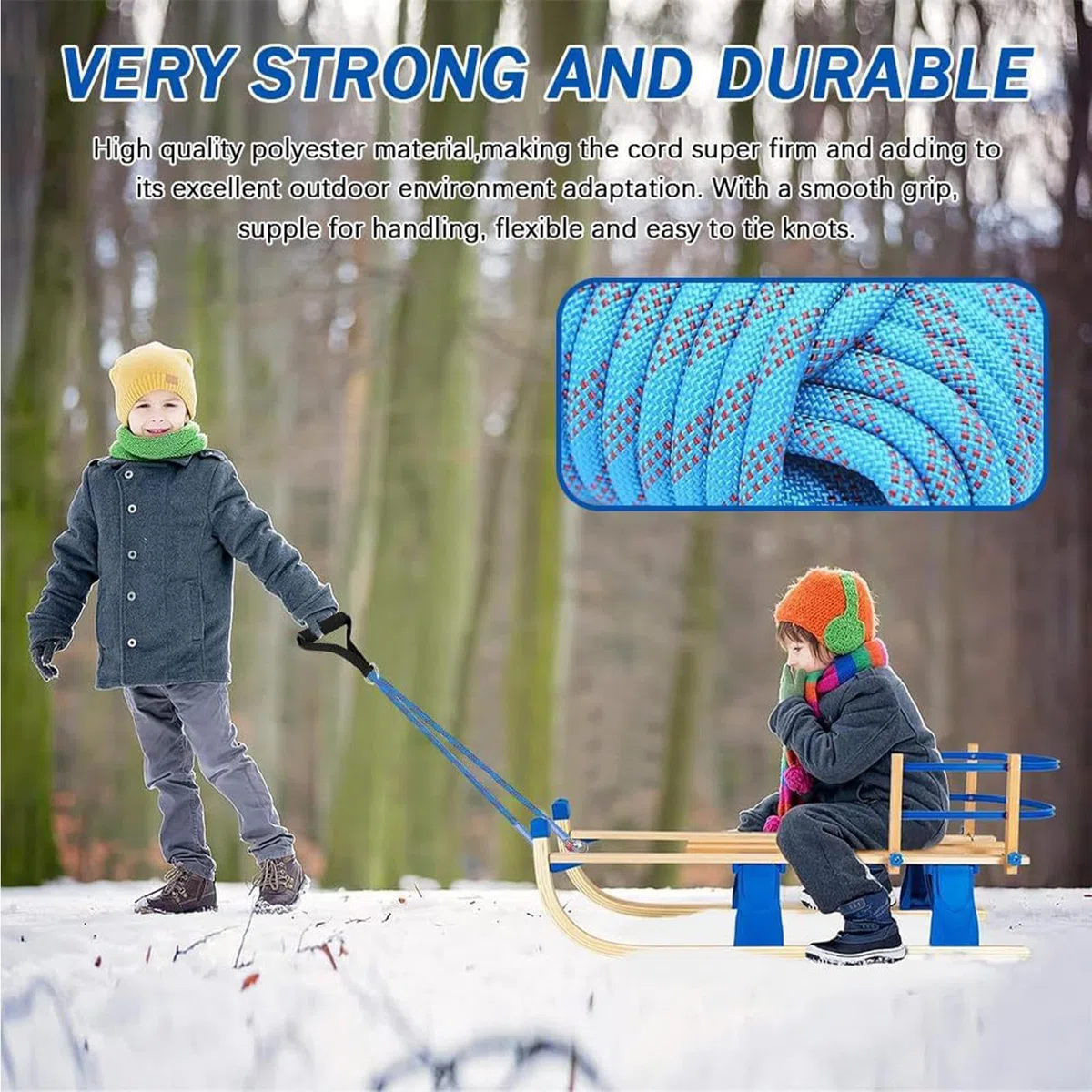 Genérico Corde à tirer pour luge à neige - 4 m - Avec - Jeu de cordes pour traction de luge d'hiver - Sangle épaisse pour luges à neige - Pour