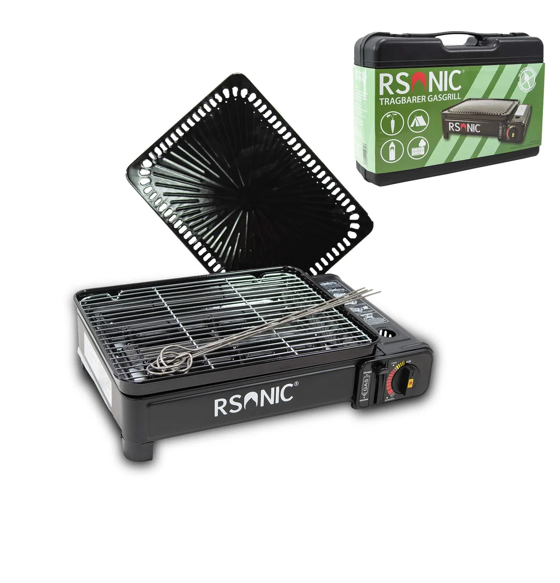 Rsonic Clearfee Barbecue à gaz butane portable avec grille et plaque de cuisson, étui de transport, barbecue de camping, barbecue à cartouche, portable, noir, arbre parfumé Clearfee gratuit