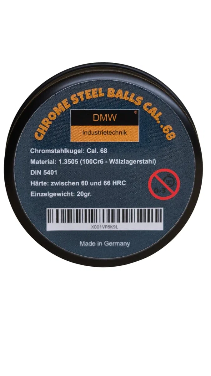 Lot de 20 billes Cal .68 pour billes en acier chromé HDS 68 Qualité industrielle durcie précisément sur mesure RAM T4E Matériau : 1.3505 (100Cr6 - Acier à Roulement) Dureté : entre 60 et 66 HRC