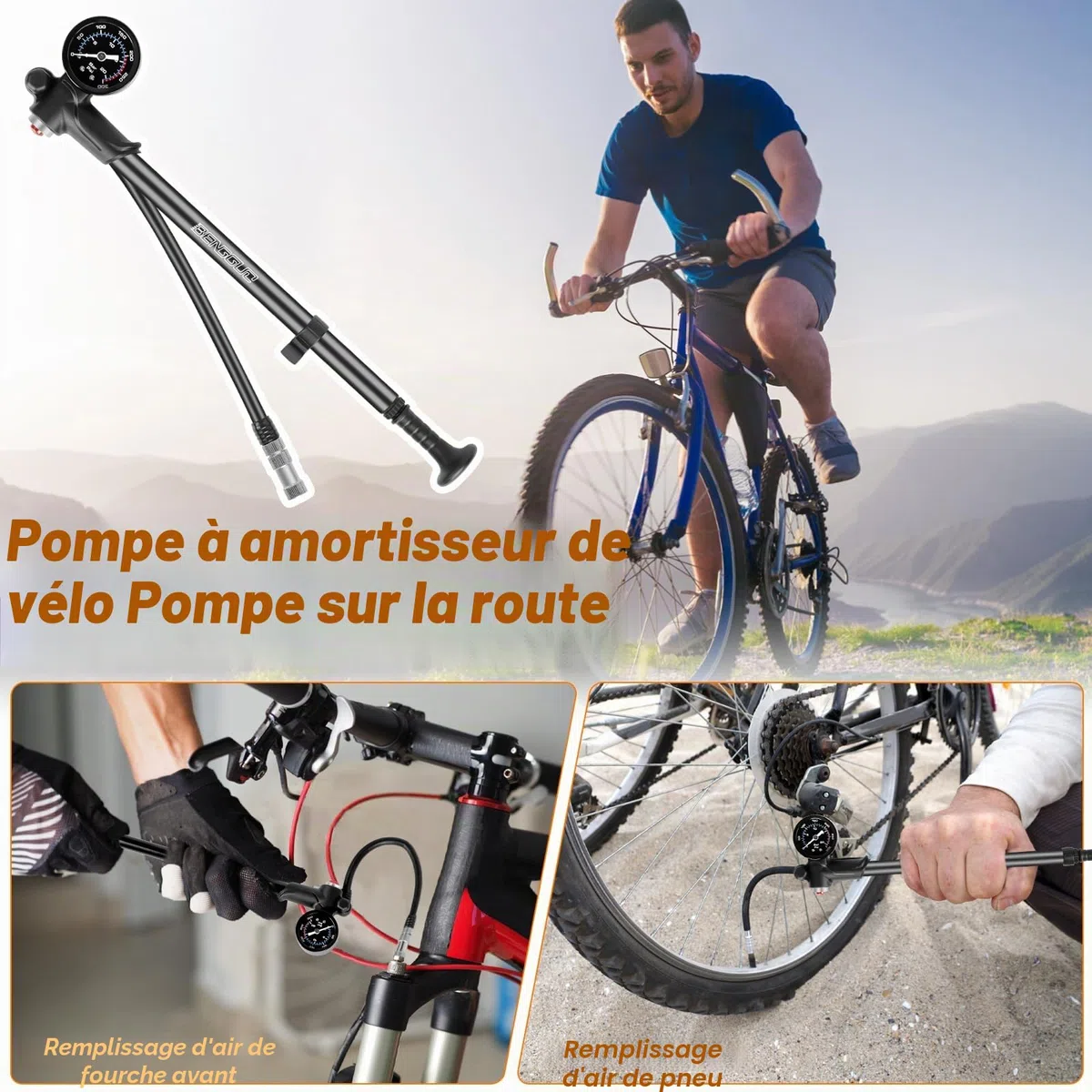 Pompe À Vélo, Pompe à Choc Haute Pression 300 PSI, Pompes Amortisseurs VTT avec Manomètre, Mini Portative Shock Pump pour VTT, Fourche Avant de Suspension Arrière