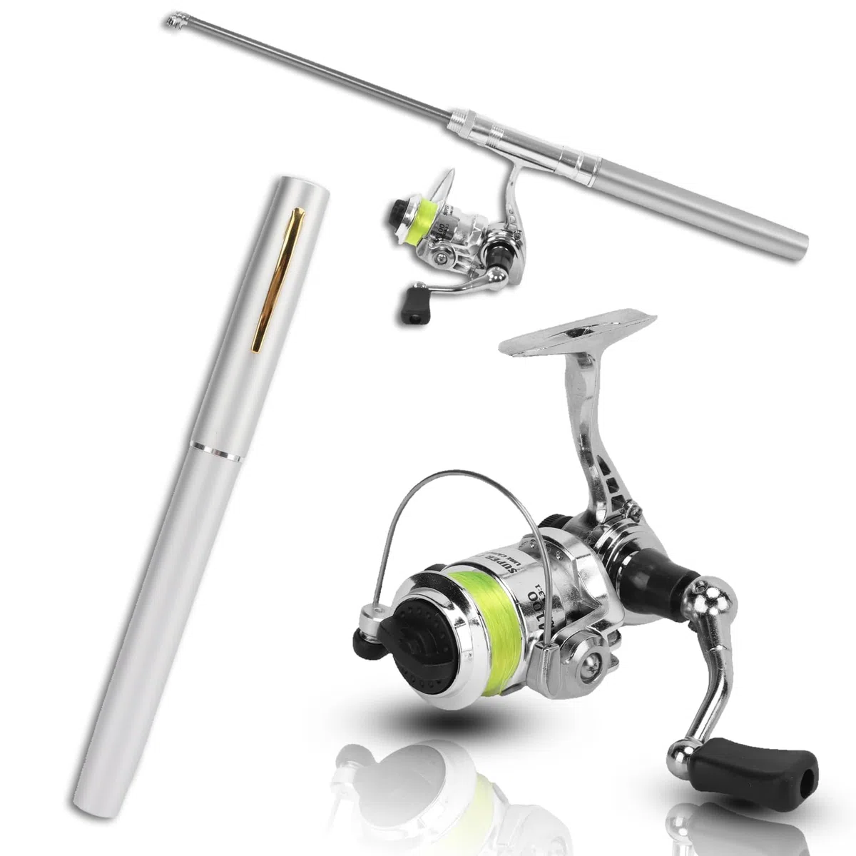 Canne à Pêche et Moulinet en Forme de Stylo, Pêche en Eau Douce et Salée, Mini Canne à Pêche Rétractable de Poche avec Moulinet pour Eau Douce et Salée (Argent)
