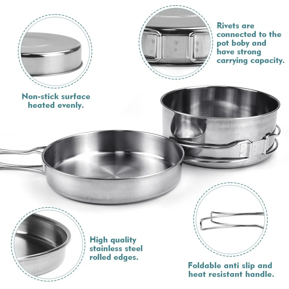 Kleemeiero 8PCS Kit de Casseroles Camping Cuisine de Camping en Acier Inoxydable 410 Vaisselle de Camping Batterie Cuisine Camping Inoxydable Cookware Kit pour Ourdoor Pique-Nique Camping Randonnée