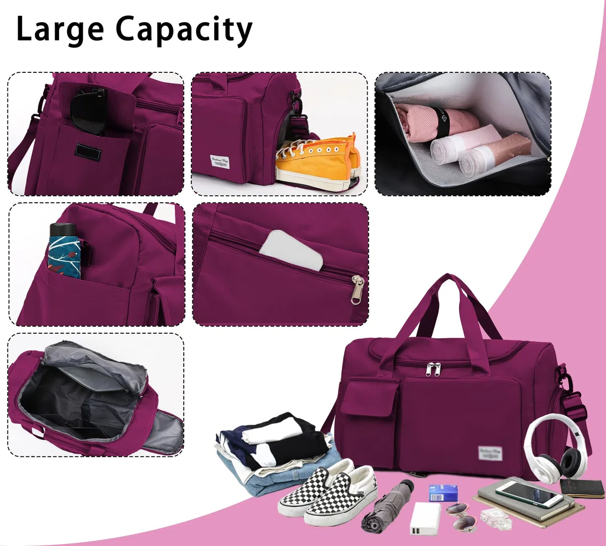 Sacs de Sport Femme, Pliable Sac de Voyage avec Compartiment Chaussure y Poche Humide, Grande Capacité Sac de Fitness, Imperméable Sac à Gym Sport Léger Sacs de Week-End Bag, Mauve